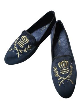 Vionic Navy Velvet Loafers with Gold Crown Embroidery